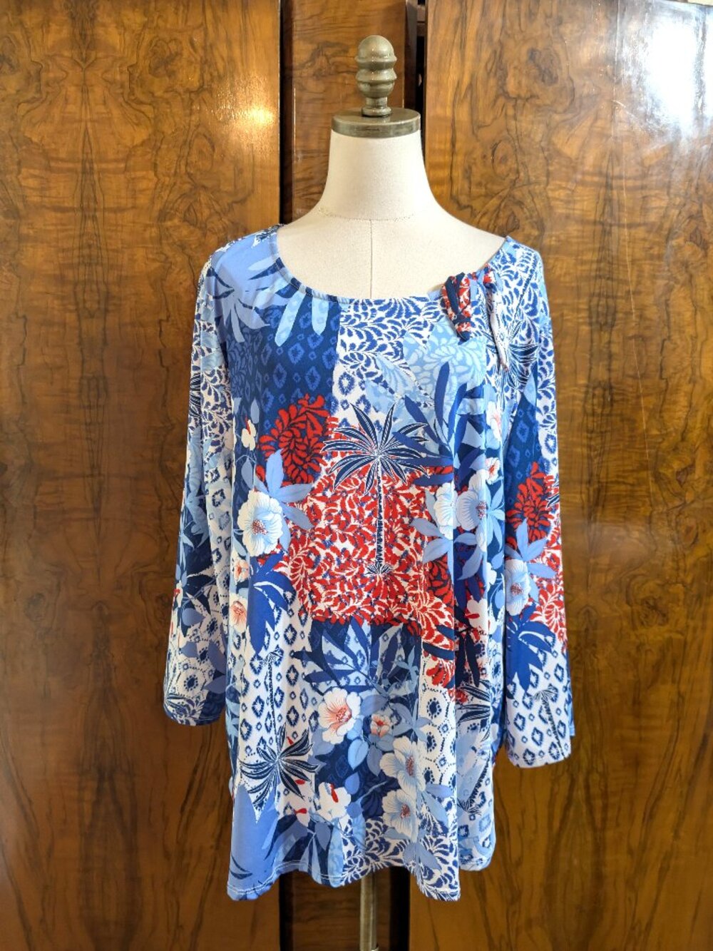 Ruby Rd Women's Patchwork Tunic Plus Size 2X Blue Red Bold Botanical Floral